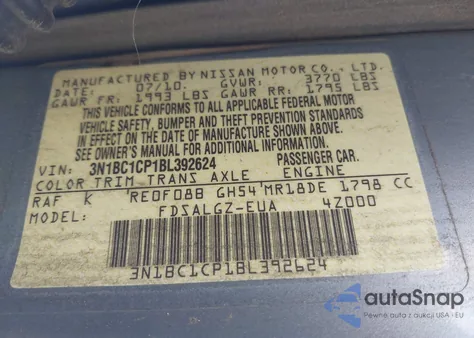 2011 Nissan Versa 1.8Sl z USA, uszkodzony, nr VIN 3N1BC1CP1BL392624